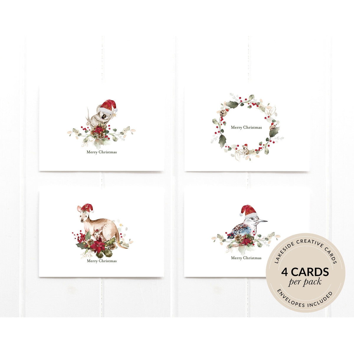 Australian Animals Christmas Cards, Set of 4 Cards, Folded Cards, Premium Quality