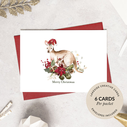 Luxury Australian Kangaroo Christmas Card pack, Packet of 6