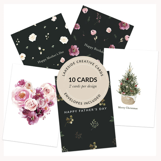 Greeting Card Pack of 10 - 5 designs per pack - Happy Birthday, Love Heart, Father's Day, Mother's Day, Christmas Tree