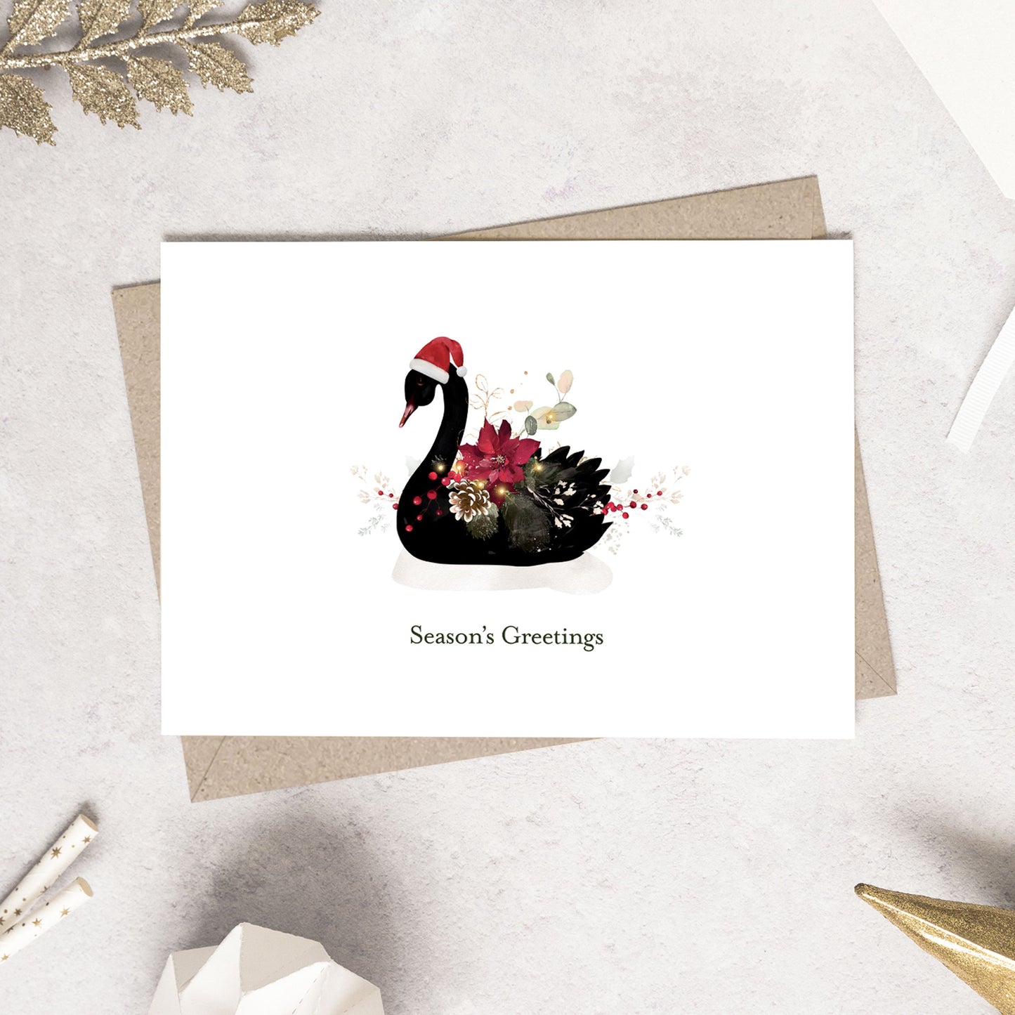 black swan christmas card, swan christmas card, seasons greetings card, luxury christmas cards, unique christmas cards